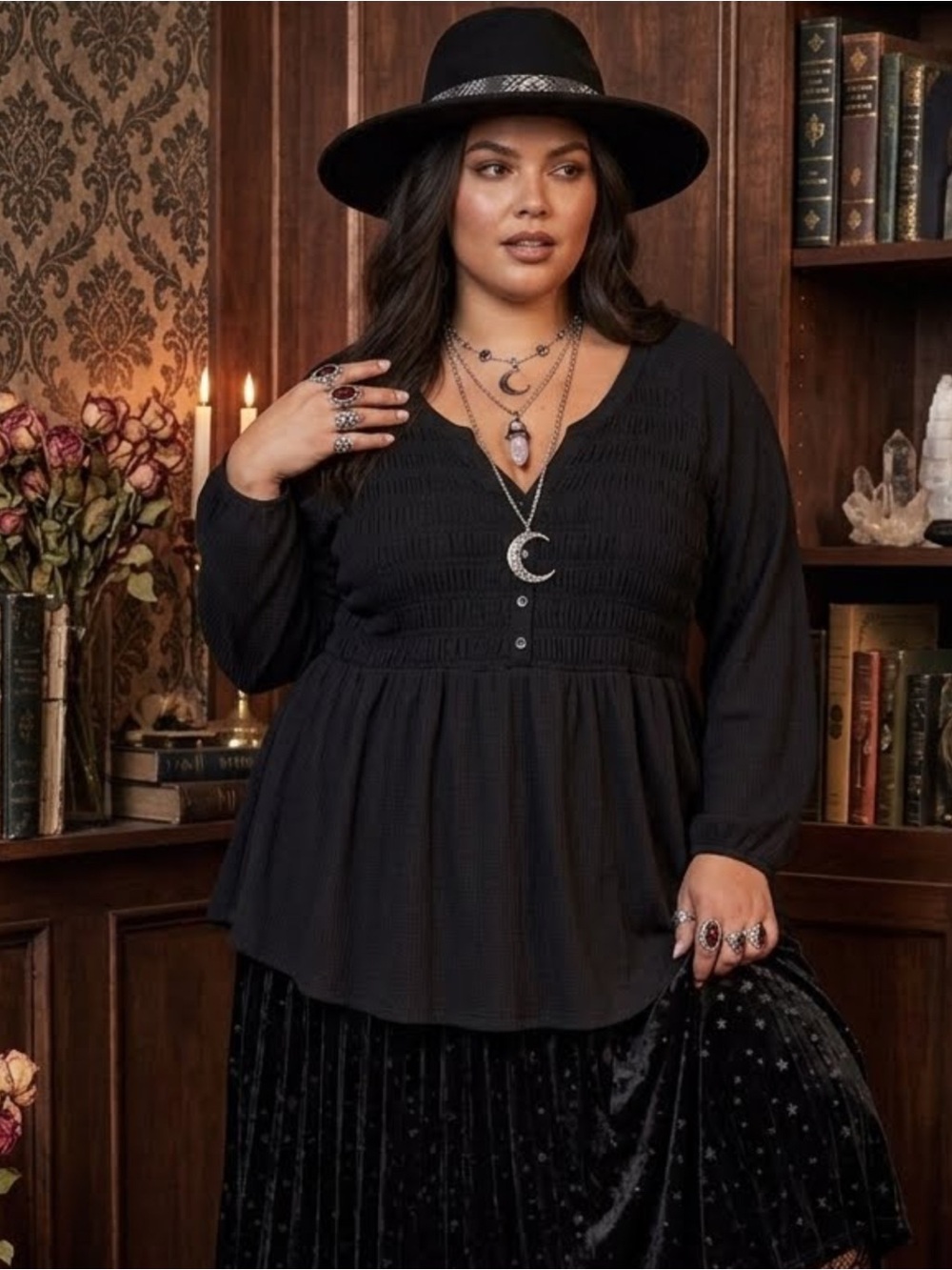 Torrid Black Smocked Henley Babydoll Flowy Top 1 Whimsigoth Goth Grunge